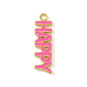 Detailed view of gold HAPPY pendant with pink enamel for DIY jewelry making