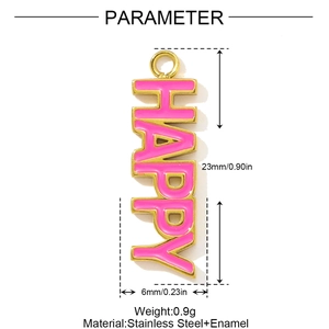 Vertical pink enamel HAPPY letter pendant in stainless steel with 23mm x 6mm dimensions