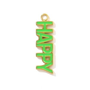 Vertical gold plated HAPPY pendant with vibrant green enamel inlay for DIY jewelry