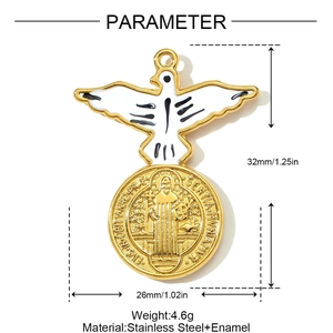 Saint Benedict eagle medal pendant in stainless steel with white enamel 32mm