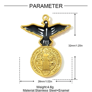 Macro detail of Saint Benedict stainless steel pendant with black enamel bird and dimensions