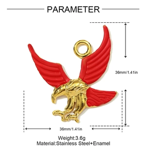 Macro detail of gold eagle pendant specs with dimensions 36mm and stainless steel material