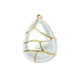 Detail of water drop pendant featuring white enamel finish and gold abstract line patterns