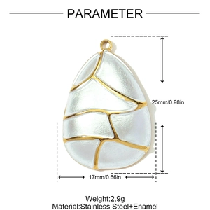 Detailed view of white enamel water drop pendant with stainless steel size measurements