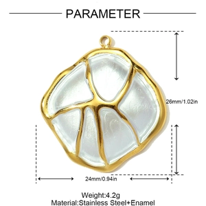 Detailed view of eagle crest pendant in stainless steel and white enamel with dimensions