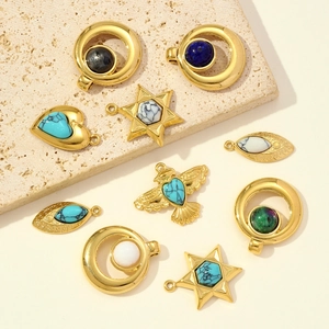 Pendentifs vintage français en acier doré avec pierres naturelles colorées pour bijoux DIY