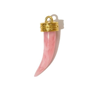 Detailed view of pink horn pendant with golden evil eye metal cap and swirl patterns