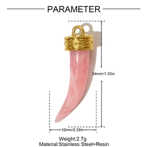 Detail showing dimensions of pink resin horn pendant with stainless steel eye engraving