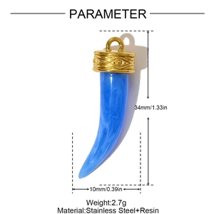 Blue resin horn pendant with gold steel cap and detailed dimensions 34mm by 10mm