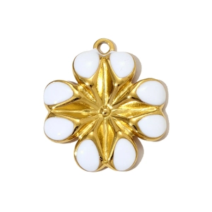 Detailed close-up of a French style two-tone flower pendant with white enamel petals