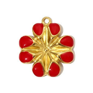 Detailed macro view of the two-tone heart-shaped floral pendant with red enamel