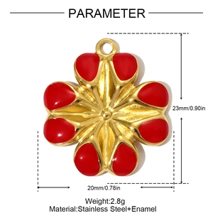 Detail view of 23x20mm stainless steel flower pendant with red enamel and dimensions