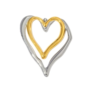 Vista detallada del colgante de doble corazón en acero inoxidable pulido oro y plata mate