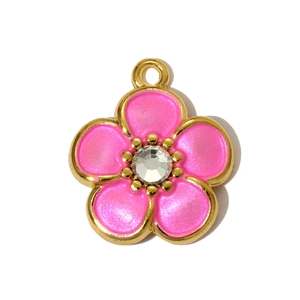 Detail of pink enamel daisy pendant with gold frame and central crystal setting