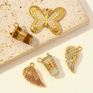 3D coffee cup and butterfly wing stainless steel pendants with pearls and zircons