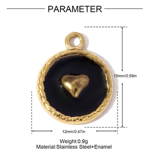 Ciondolo a cuore in acciaio inossidabile e smalto nero, misura 15mm per 12mm