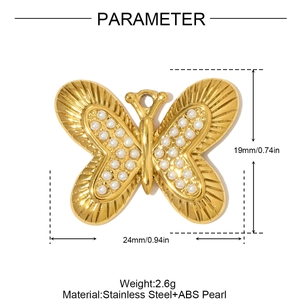 Detail view of 24x19mm gold-plated stainless steel butterfly pendant with white pearls