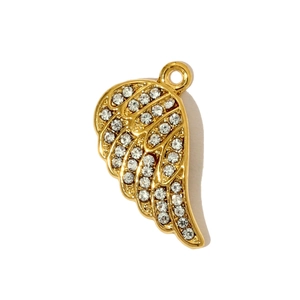 Macro shot of gold-plated 3D wing pendant set with sparkling clear crystals