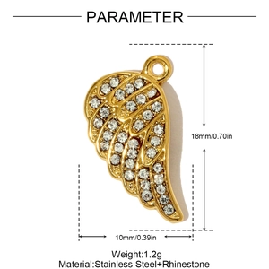3D golden stainless steel angel wing pendant with rhinestones and detailed dimensions