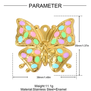 Gedetailleerde parameterweergave van de 38mm x 35mm emaille vlinderhanger in roestvrij staal