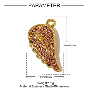 Detailed size view of gold stainless steel wing pendant with pink rhinestones