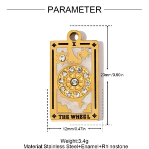 Goldener Tarot-Anhänger Schicksalsrad aus Edelstahl mit weißem Emaille und funkelnden Strass