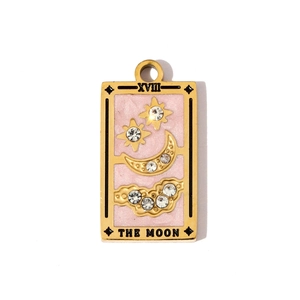 Detaillierter Tarot-Anhänger XVIII Der Mond in Goldstahl mit rosa Glitzer und Kristallen