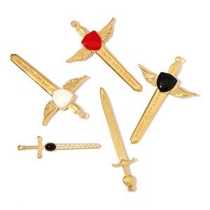 Saint Michael sword pendants with wings and enamel shields in gold stainless steel