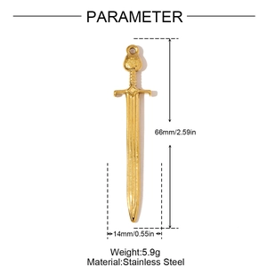 Golden stainless steel sword pendant with dimensions 66mm by 14mm in vintage style