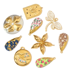Assorted gold-plated stainless steel charms with floral, dragonfly and sun pendant motifs