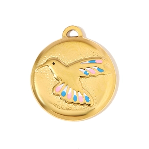 Detailed macro view of a gold-plated stainless steel round pendant with a colorful hummingbird
