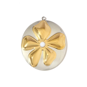 Detailed view of bicolor daisy flower pendant made of stainless steel with a gold finish