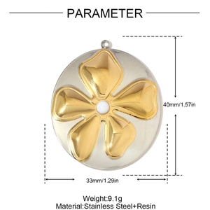 Detailed view of round stainless steel pendant with dimensions 40mm by 33mm