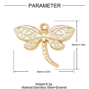Detailed size map of dragonfly pendant with enamel wings in 30mm x 40mm stainless steel
