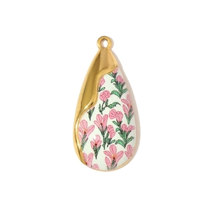 Detailed view of water drop pendant featuring delicate pink floral and green leaf patterns