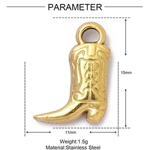 Detailansicht eines 15 mm goldenen Westernstiefel-Anhängers aus Edelstahl mit Prägemustern