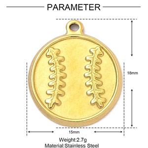 Detail eines 15 mm Edelstahl-Baseballanhängers in Gold mit Maßen und Gewichtsinfos