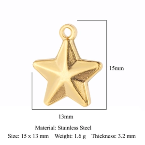Pendentif étoile en acier inoxydable doré poli de 15x13mm et 3,2mm d'épaisseur
