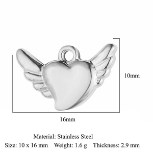 Spécifications du pendentif cœur ailé en acier inoxydable avec dimensions de 10x16mm