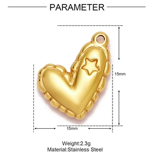 Macro shot of 15mm gold stainless steel heart pendant with star relief and 2.3g weight