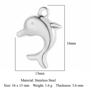 Pendentif dauphin en acier inoxydable avec dimensions détaillées 16x13mm