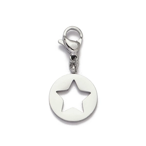 Polished stainless steel round pendant with star cutout and lobster clasp detail
