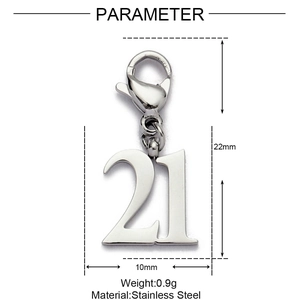 Dettaglio del ciondolo numero 21 in acciaio inossidabile argento da 22mm per 10mm