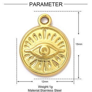 Detailansicht des Evil Eye Sonnenanhängers aus Edelstahl Gold mit Maßen und Gewicht