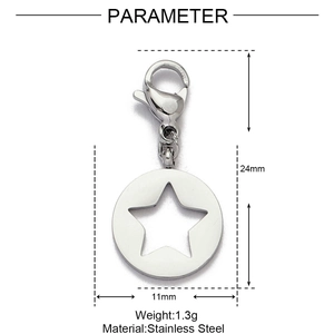 Macro view of stainless steel hollow star pendant with dimensions and lobster clasp
