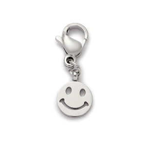 Detailed view of silver stainless steel smiley face pendant with a sturdy lobster clasp