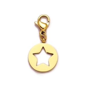 Detailed view of a gold-plated star moon pendant with high-polish finish and lobster clasp