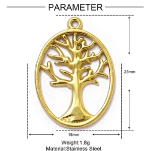 Disegno tecnico del ciondolo albero della vita in acciaio dorato, misure 25x18mm
