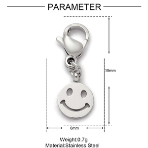 Detail view of silver stainless steel smiley face charm with size and weight parameters
