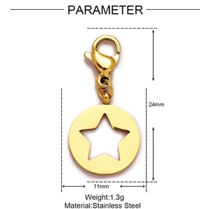 Detailed size parameter view of a gold star cutout pendant with lobster clasp measurements